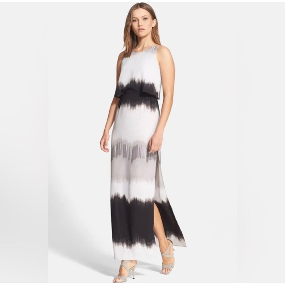 Halston Heritage Black White‎ Gray Ombre Tiered Maxi Dress Size S